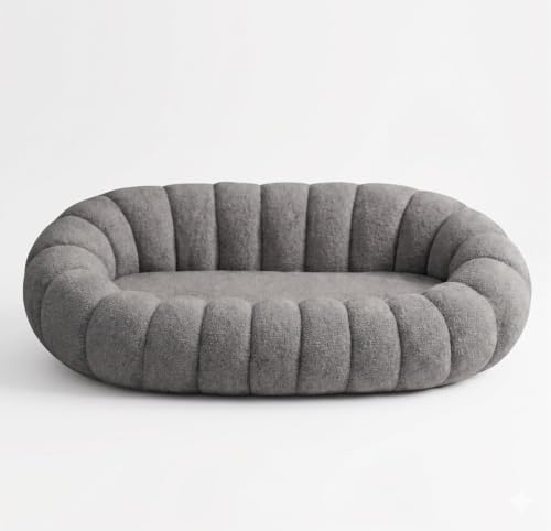 Image of CRAFTCITY Pumpkin Style Wooden Sofa | Contemporary Wool Sofa with Swen Pillow Back for Living Room (Grey, 4 Seater)