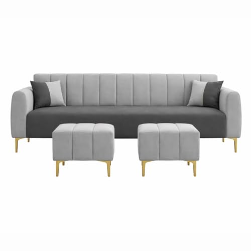 Image of Habibi 5 Seater L Shape Sofa Set with 2 Movable Ottomans | Flexible Layout | Rich Velvet Suede Fabric | Silver Legs | Modern Sofa for Living Room (Cream) (Dark Grey-Light Grey, Habibi)