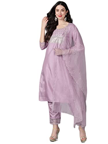 Image of Vaamsi Women's Poly Silk Solid Yoke Design Straight Kurta Set With Dupatta