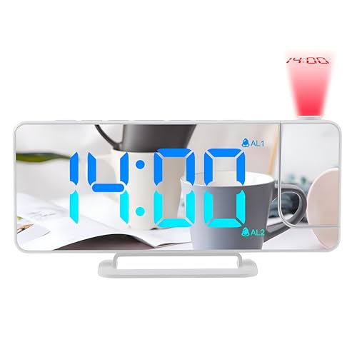 Lancoon Reloj Despertador de proyección, Reloj Digital LED de Colores con Superficie de Espejo Brillo Ajustable 12/24H Pantalla Doble Alarma Snooze Puerto de Carga USB para el hogar Oficina