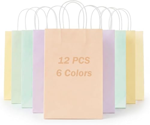 BDBFNXQW 12 Pack Small Paper Gift Bags 8.3 x 5.9 x 3.16 Classic Colors Sturdy Reusable Party Bags for Holiday Presents Craft Projects Small Business Packaging