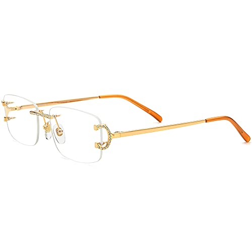 Image of HEPIDEM Vintage Style Rectangular Rimless Metal Eyeglasses for Men,New Frameless Zircon Diamonds Optical Glasses Frame
