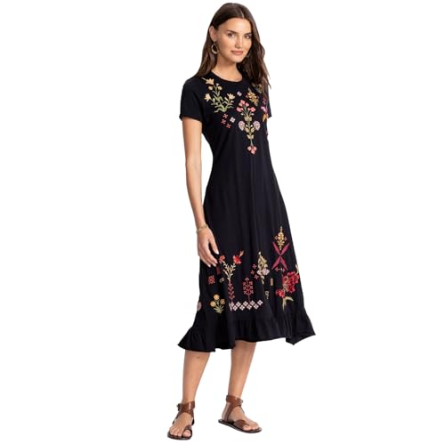 Johnny Was Malaya Short Sleeve Ruffle Hem Dress Cotton Floral Embroidery Black New2