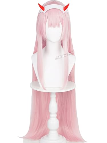 Image of Zero Two 02 Cosplay Wig & Headband 39'' Long Straight Light Pink Anime Wig | Pastel Pink Wigs with Bangs Synthetic Hair for Women Halloween Party Costumes