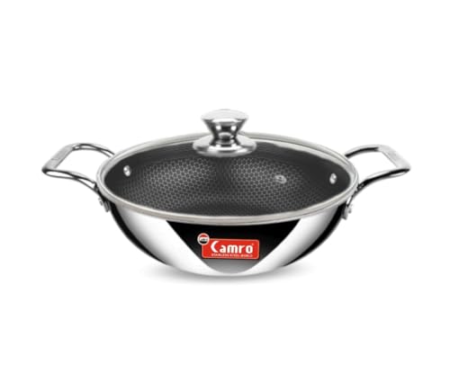 Image of Camro Kadai with Glass Lid 6.7 Litre 32 Cm| Honeycomb Triply Kadhai for Cooking | Curry Stir-Fry Deep Fry Dry Veg | Cookware kadai with Steel Handle |Non Stick kadhai for Frying |Induction Base & Gas