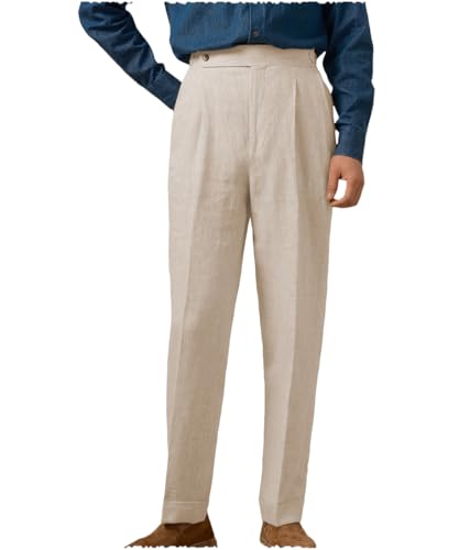 Men's Retro Linen Gurkha Trousers Lightweight Tapered Leg Flat Front Chino Pant Summer Pants
