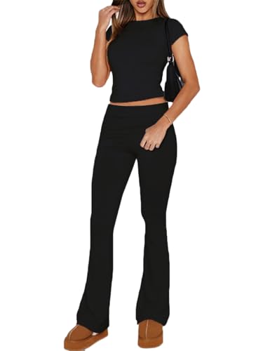 Kioxiuin Casual Workout Two Piece Outfits for Women Short Sleeve Crop High Waist Flare Pants Tracksuit Sets,Black,L