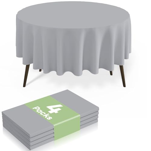 Image of misaya 4 Packs Disposable Plastic Table Cloth, 84 inch Round Waterproof Tablecloth, Leakproof & Sturdy Decorative Table Covers for Picnic, Party, Outdoor and Back to School, Grey