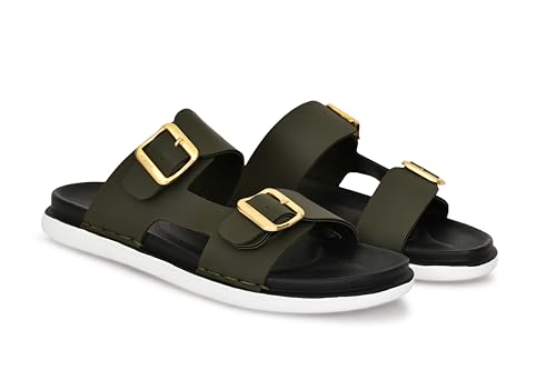 Image of Men's Stylish Dual Buckle Slip-On Sandals | Comfortable & Lightweight Casual Sliders /Slipper for Everyday, Travel, & Beach