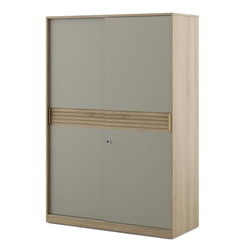 Image of Spacewood Olivra 2 Door Sliding Wardrobe | Santana Oak & Modern Ash Finish | Engineered Wood Almirah with Multiple Shelf & 1 Hanging Spaces | Bedroom Cupboard Almari | 3-Year Warranty