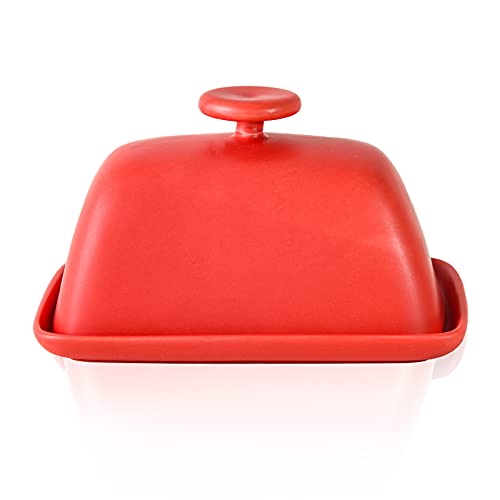 Yundu Butterdose aus Keramik mit Deckel für Arbeitsplatte, Butterbehälter, 16,3 cm lang 10,4 cm breit - mattes Rot Cover