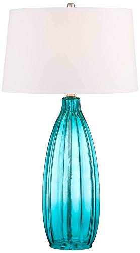 360 Lighting Stella Modern Coastal Table Lamp 30" Tall Fluted Blue Ribbed Glass White Tapered Drum Shade Decor for Bedroom Living Room House Bedside Nightstand Home Office Entryway Family