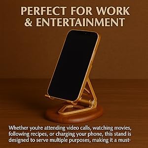Image of 360 Degree Rotation Wooden Golden Premium Metal Mobile Holder for Desktop and Tables Adjustable Height and Angle Compatible with All Smartphones and Tablets 4-10 inch' Anti Slip Bracket Mobile Stand