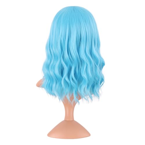 Image of MapofBeauty 14 Inch /35 cm Short Wavy Curly Women Fresh Bright Synthetic Ordinary Flat Bangs Bob Wig (Sky Blue)