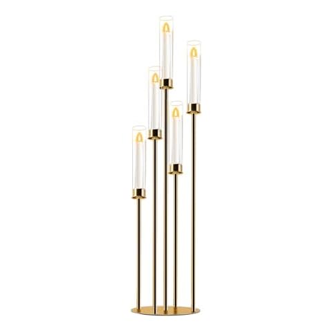 Gold 5 Arm Cluster Taper Candle Holder with Clear Glass Shades and White Wax Taper Candles, Metal Candlestick Arrangement (1, Gold, 33.5'') Cover