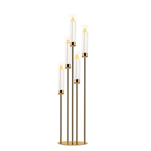 Gold 5 Arm Cluster Taper Candle Holder with Clear Glass Shades and White Wax Taper Candles, Metal Candlestick Arrangement (1, Gold, 33.5'')