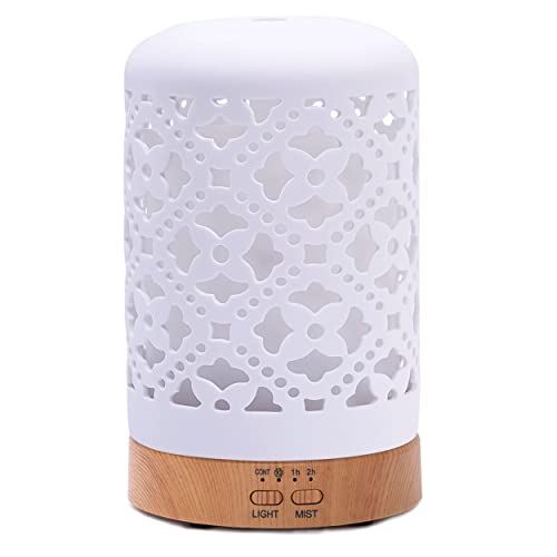 Essential Oil Diffuser, White Ceramic Aroma Diffuser, Aromatherapy Diffuser with Timers and Intermittent Mist Model, Cool Mist Humidifier for Home Office (Star Flower White)