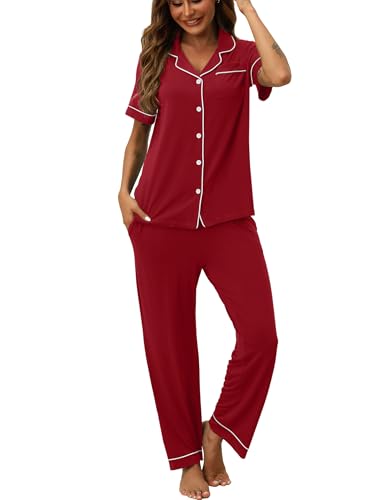 Image of HNG Women Pajamas Set 2 Piece Button Up Pajamas Pant and Short Sleeve Shirt for Woman Pj Sets with Pocket