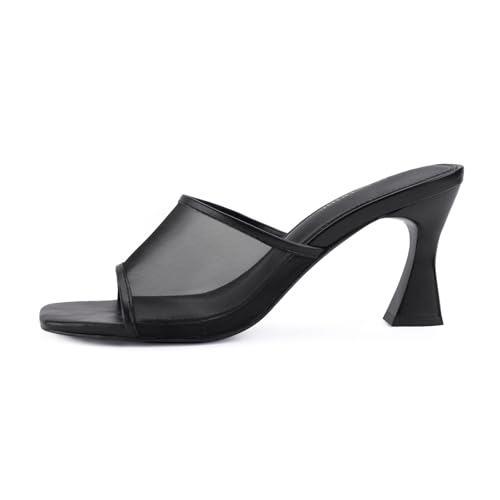 Image of Women's Mule Heels Chunky Kitten Heeled Sandals Mesh Slip On Square Toe Comfortable Casual Dress Pumps Shoes