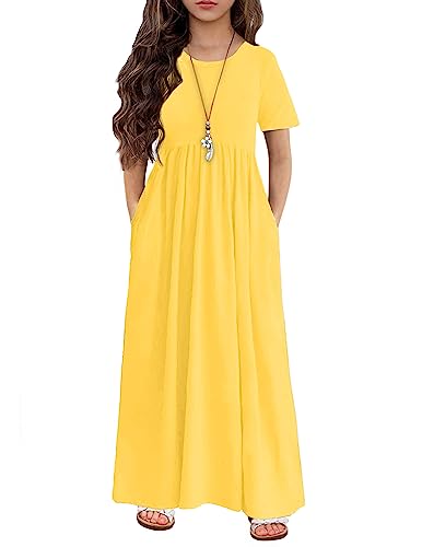 Image of Arshiner Girls Maxi Dress Long /Short Sleeve Casual Holiday Dress with Pockets for 5-13 Years