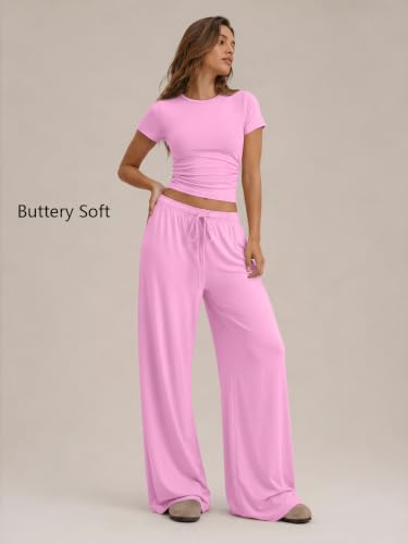Image of Trendy Queen 2 Piece Matching Summer Lounge Set Womens Side Ruching Top Wide Leg Pants Sets with Pockets