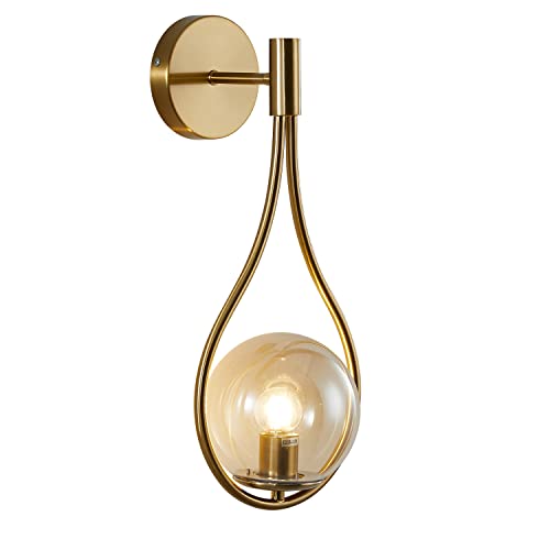 Image of KCO Lighting Glass Globe Wall Mounted Sconce Gold Teardrop Wall Sconce Vintage Cordless Sconces Wall Lighting for Stairwell Bathroom Bedroom (Gold + Amber)