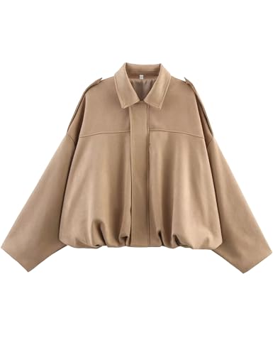 Women's Suede Bomber Jackets Casual Overasized Batwing Sleeve Pleated Elastic Hem Coats Streetwear(Khaki-S)