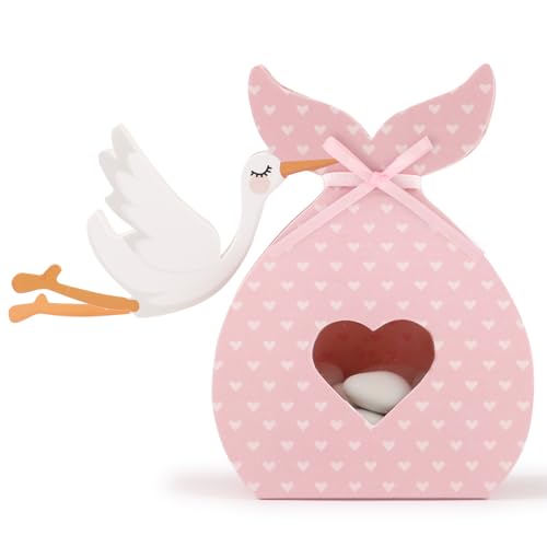 BETESSIN Caja Dulce para Nacimento Bebé, 50pcs Caja Regalo de Cigüeña de Recién Nacida, Caja Pequeña Rosa Dulce Bombones Galletas Caramelos de Baby Shower, Bautizo, Revelación de Género de Niñas