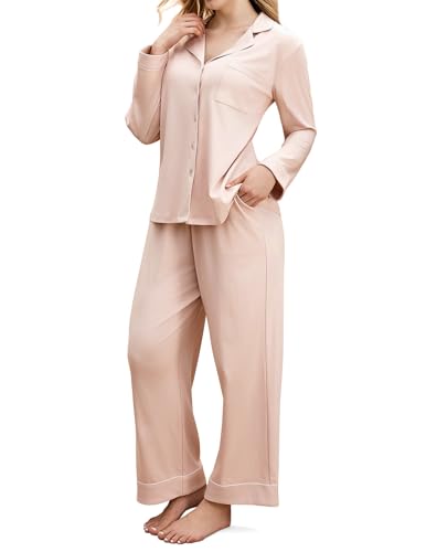 Image of Momcozy Postpartum Nursing Pajama Set for Women 2 Piece, Long Sleeve V Neck Button Down Cotton Maternity Lounge Pjs Pink