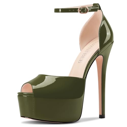 Image of TNYNFBEB Womens Stiletto High Platform Heel Peep Open Toe Sandals Ankle Strap Buckle Prom Party Dress Patent Leather 6.1 Inches Heels
