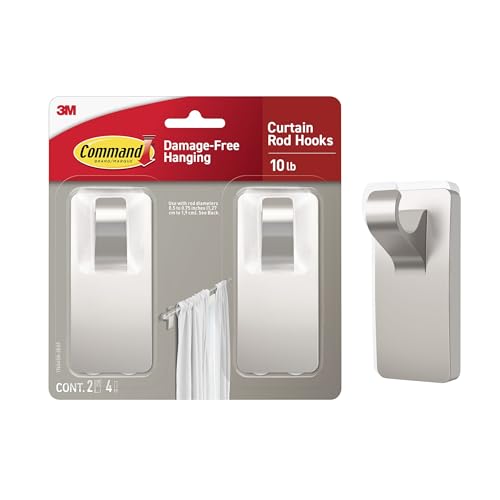 Command 10 lb Satin Nickel Curtain Rod Hooks 2 Hooks and 4 Strips No Drilling Back to School Dorm Organizers Use with Rod Diameters 0.5-0.75