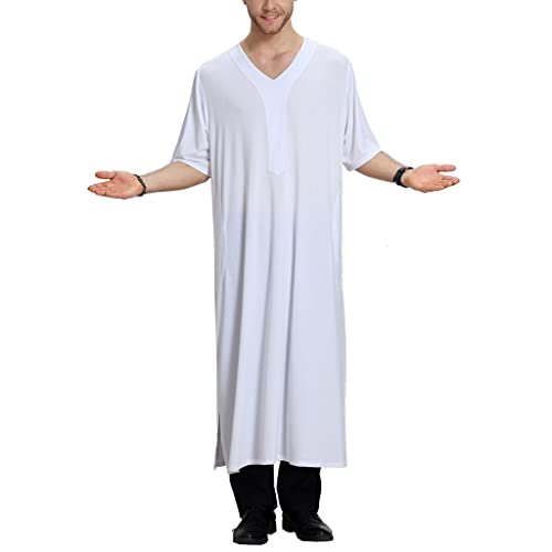 Men Sleepwear Robes Arabic Clothes Short Sleeve Dubai Kaftan Islamic Thobe Long Pajamas Nightgown M-XL4