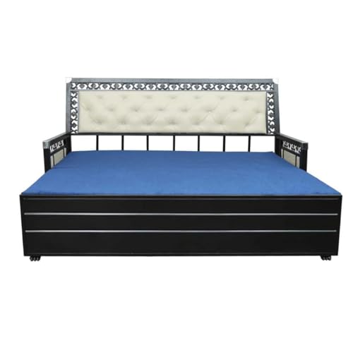 Image of Rexo Metal Sofa Cum Bed with Hydraulic Storage | 3 Seater Convertible Sofa Bed for Living Room | Heavy Duty Metal FrameMatte Black Finish with Blue Cushion, King