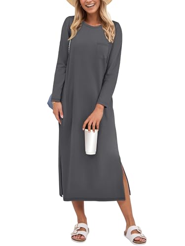 ANRABESS Womens 3/4 Sleeve Striped Slit Midi T Shirt Dresses 2026 Summer Casual Beach Vacation Clothes Spring Travel Sundress Gray Large