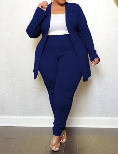 IyMoo Women's Plus Size Two Piece Open Front Long Sleeve Blazer and Elastic Waist Solid Pant Set Suit3