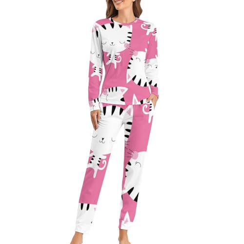 Pyjama femme chat caricatural en coton à manches longues