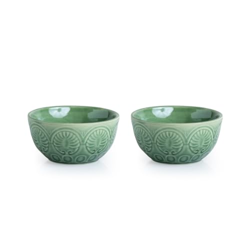 Image of ExclusiveLane 'Mandala Duo' Hand Glazed Ceramic Bowls for Serving Bowl Set (Set of 2, 440 ml, Microwave Safe, Dishwasher Safe, Green) | Kitchen Bowl Ceramic Serving Bowls for Snacks Serveware