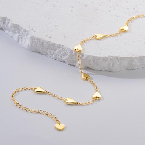Gold Anklets for Women 14K Gold Ankle Bracelets for Women Anklet for Womens Small Heart-Shaped Pendants Ankle Bracelet for Womens Heart Anklet With Adjustable Size 9.4'' to 11''3