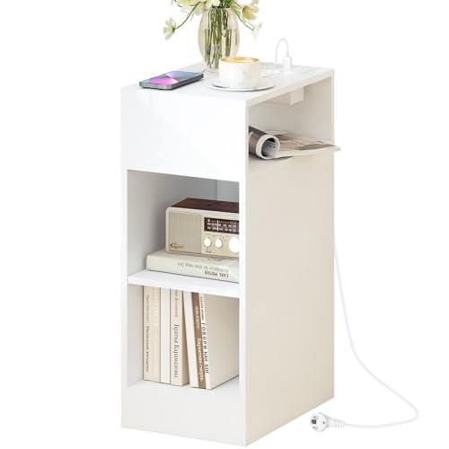YOSHOOT Schmaler Nachttisch, Nachttisch aus Holz mit Ladestation, Dünner Tisch mit 3 offenen Regalen, platzsparende Beistelltische für Schlafzimmer,...