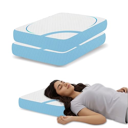 Image of Orthopedic Shredded Memory Foam Pillow Set of 2, 66x38x12 cm for Neck Pain Relief, White and Sky Jacquard Cover, Aligned Spine Bedding for Side Sleeper