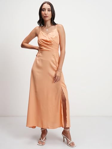 Image of Tokyo Talkies Women's Maxi Length | Strappy Design | High Slit | Flowy Silhouette Glamorous | Bold Thigh-High Slit for Effortless Elegance