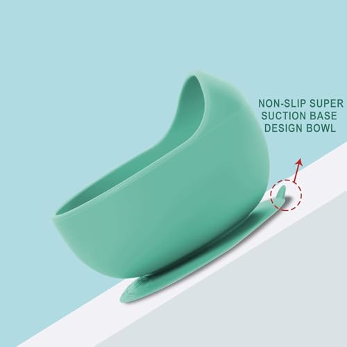Image of Xacton Baby Feeding Bowl & Wood Solid Handle Spoon I Silicone Unbreakable Non-Slip Suction Base Design I BPA Free, Dishwasher, Freezer & Microwave Safe I Feeding Kit for Infants & Toddler (Cyan)