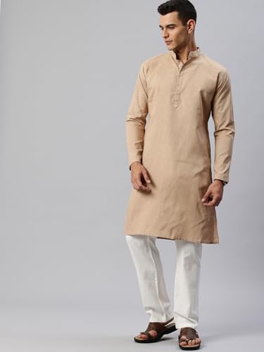 Image of Majestic Man Men's Cotton Regular Fit Casual Mandarin Collar Ethnic Motifs Solid Long Kurta