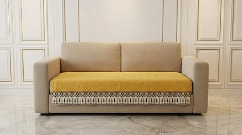 Image of A.P HANDLOOM Velvet Quilted Sofa Cover Mat Seat & Back, 3+2+2 Set, Total L161in H32in (3+2+2), Yellow Color,Anti Skid Backing, 6in Hanging Strap Design, Washable Soft, Style -Yellow-S322
