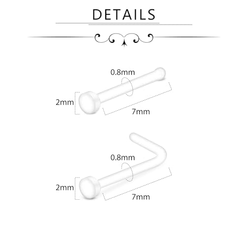 D.Bella 18G 20G Clear Nose Studs Acrylic L Shape Nose Rings Bioflex Bone Pin Straight Nose Studs Flexible Nose Piercing Retainer Flat Top for Men Women2