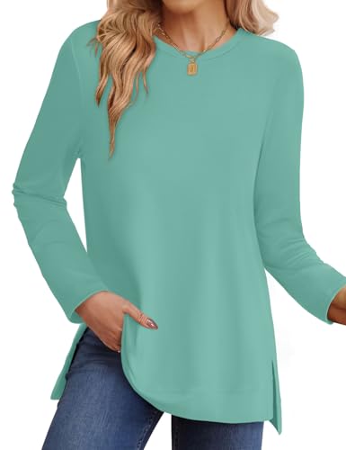 JUSTFASHIONNOW Long Sleeve Shirts for Women Casual Crew Neck Side Split Fall Tops Loose Fit Tunic 2025 Fashion Outfits3