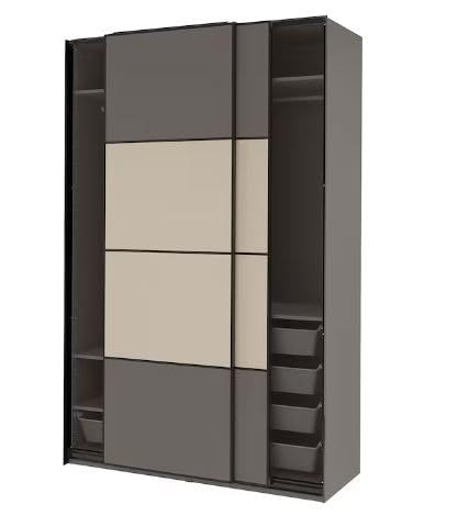 METOD Pax/Mehamn Wardrobe with both sliding doors open, revealing internal shelves and mesh baskets