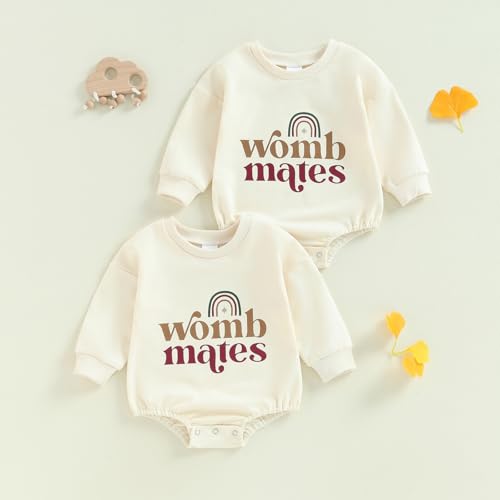 YOKJZJD Newborn Baby Girl Boy Twins Matching Outfits Womb Mates Long Sleeve Bubble Romper Bodysuit Fall Coming Home Outfit2