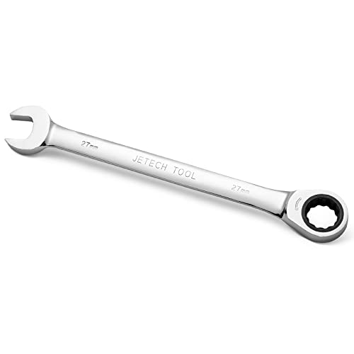 Jetech 27mm Gear Wrench - Metric Industrial Grade Cr-V Steel Ratcheting Combination Wrench, Ratchet Spanner in Polished Chrome Finish