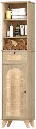 67'' tall bathroom storage cabinet front view with arched rattan door